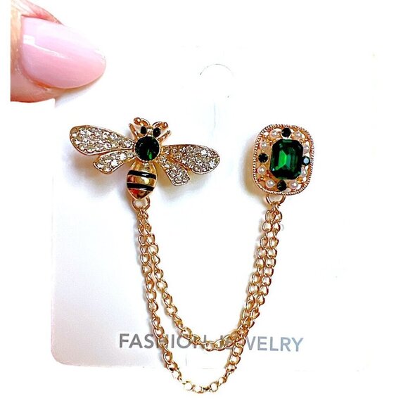 New Gold Bee Brooch CZ Green Hanging Chain Connector Handbag Accessory Stud Pins - Picture 6 of 7